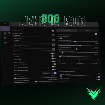 Densho BO6 Cheat interface displaying advanced aimbot, ESP, radar, and visual enhancements.