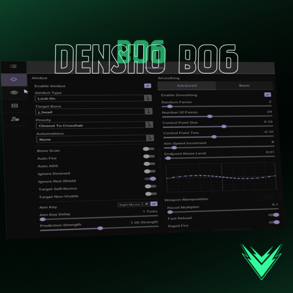 Densho BO6 Cheat interface displaying advanced aimbot, ESP, radar, and visual enhancements.