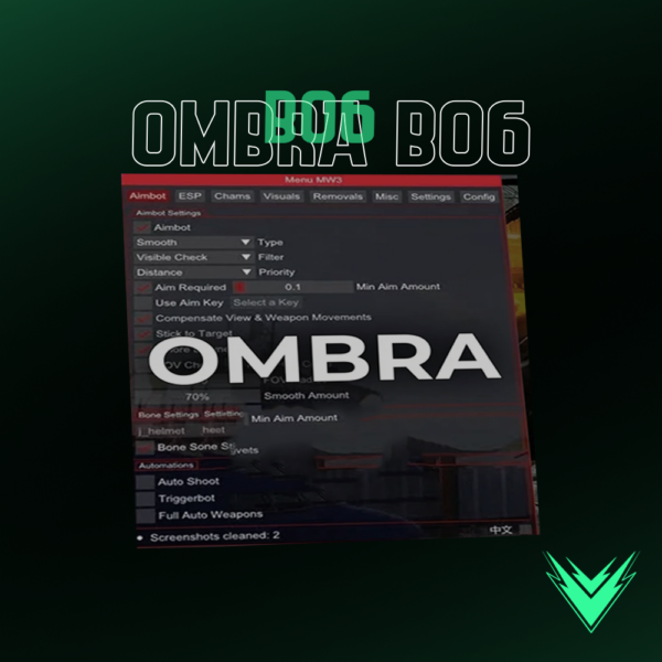 Ombra BO6 Cheat interface showcasing aimbot, ESP, and customization options.