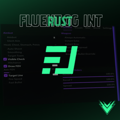 Fluent.gg Internal Rust Cheat interface showcasing aimbot, ESP, and no recoil features.